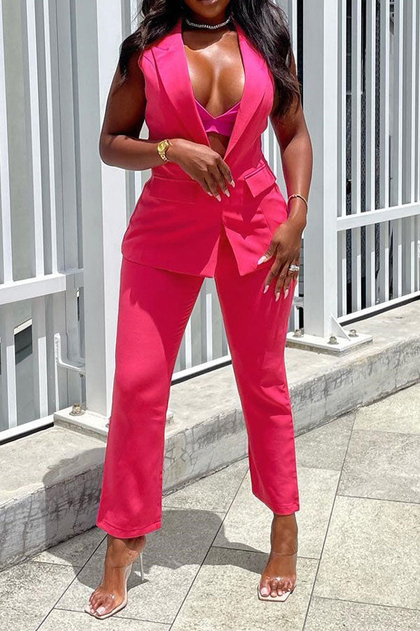 storexq Solid Color Peak Lapel Feminine Sleeveless Pant Suit