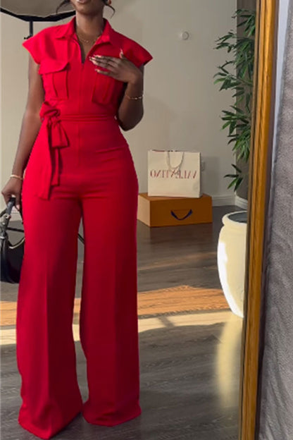 storexq Solid Color Casual Belted Wide Leg Jumpsuit