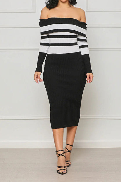 storexq Striped Classic Off Shoulder Midi Dress