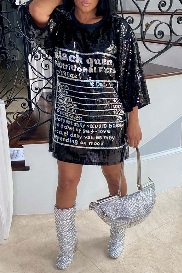 storexq Letter Print Sparkly Sequined Mini Dress