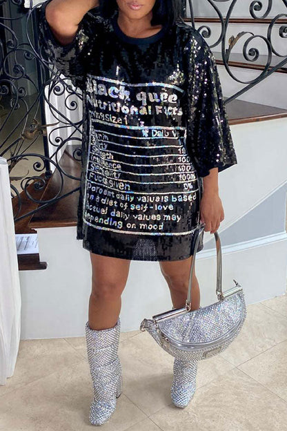 storexq Letter Print Sparkly Sequined Mini Dress