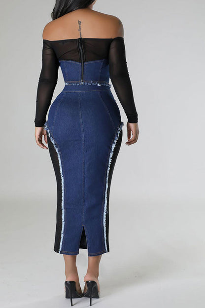 storexq Patchwork See-Through Smart Off Shoulder Denim Dress Suit