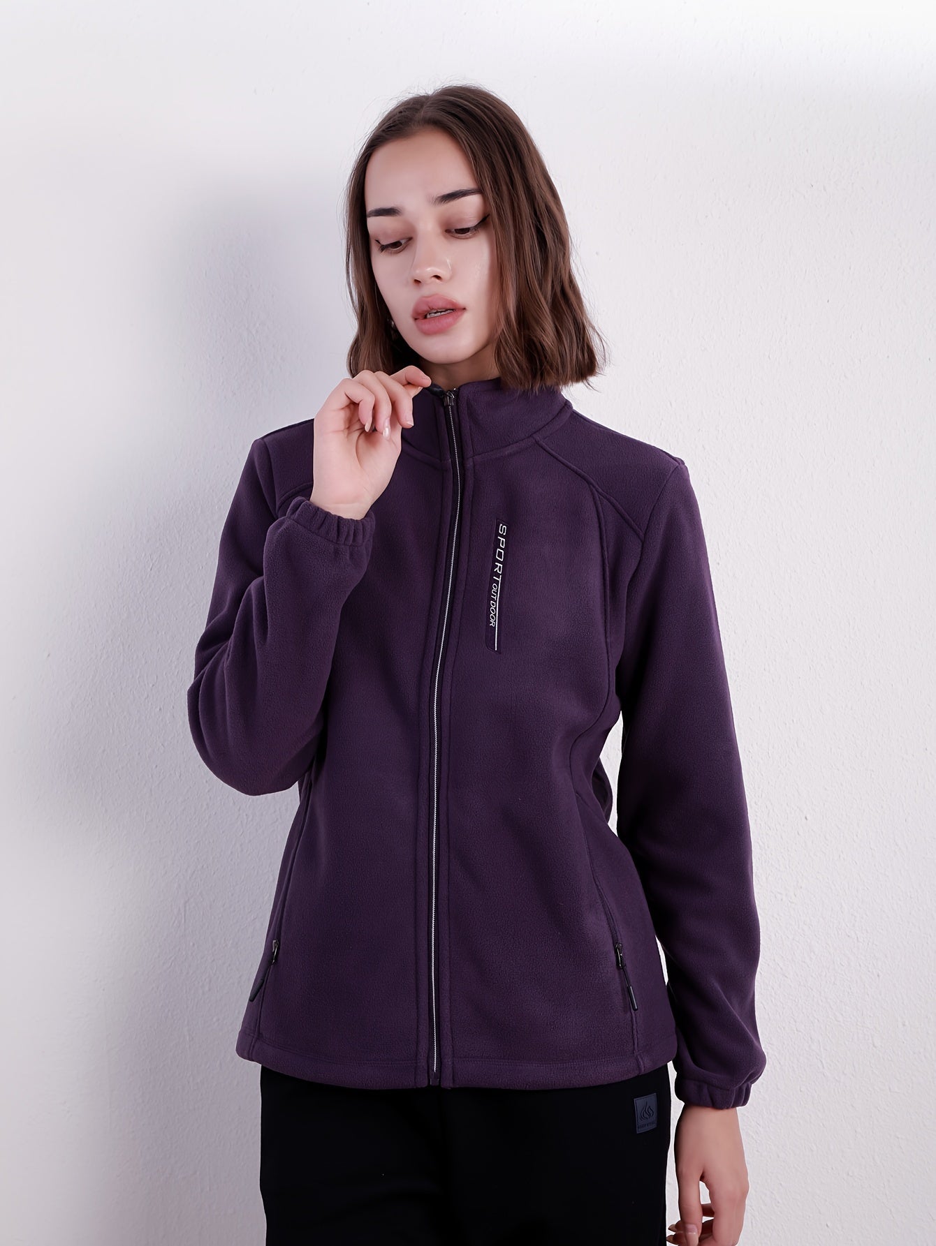 Cozy Embroidered Fleece Jacket for Women - Warm, Windproof, and Water-Resistant with Zip Pockets, Stand Collar, and Long Sleeves for All Seasons - 330g 100% Polyester Solid Knit Fabric