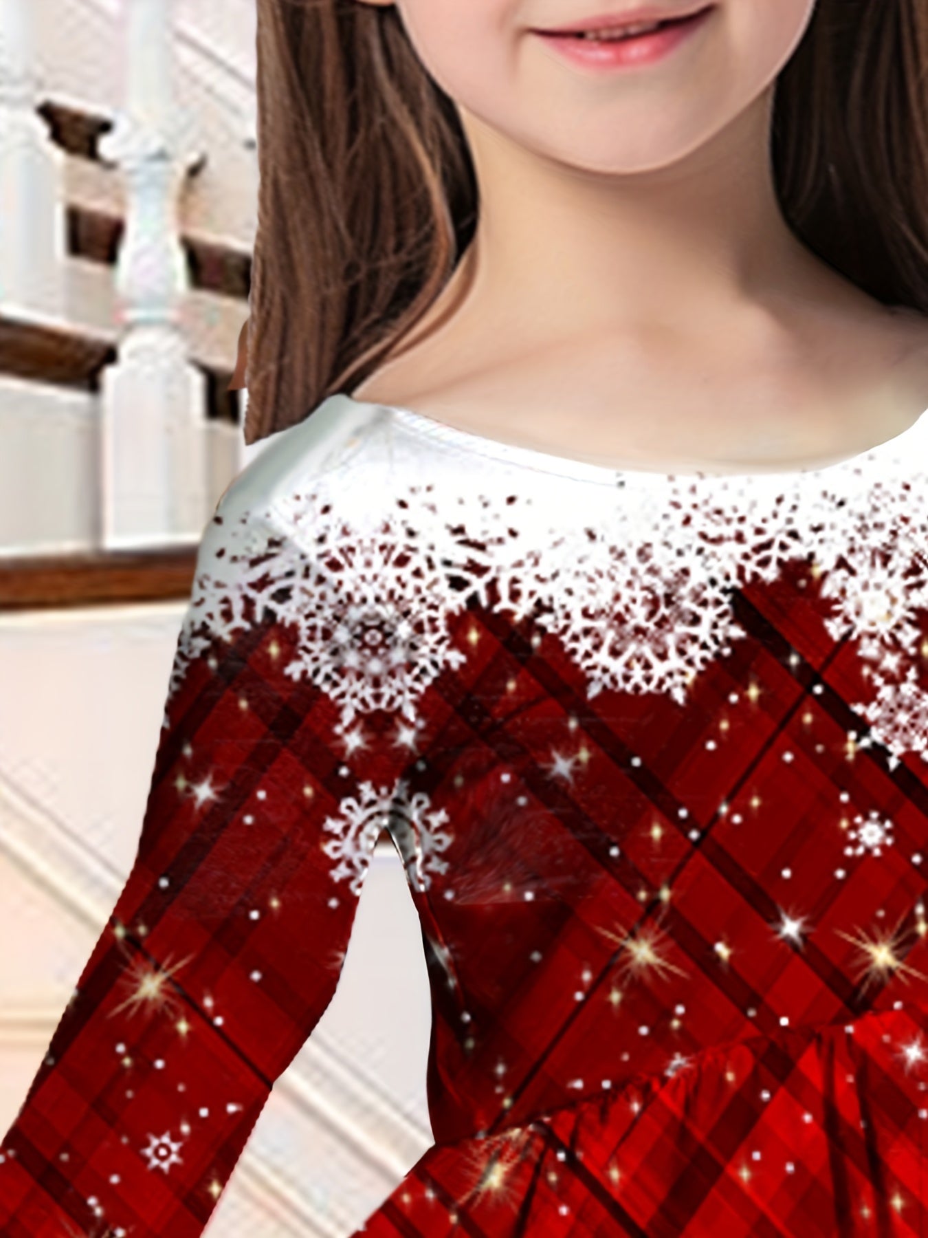 Stunning Plaid & Snowflake Print Long Sleeve Christmas Dress - Red Festive Party Wear for Girls - Winter Holiday Outfit for Special Occasions