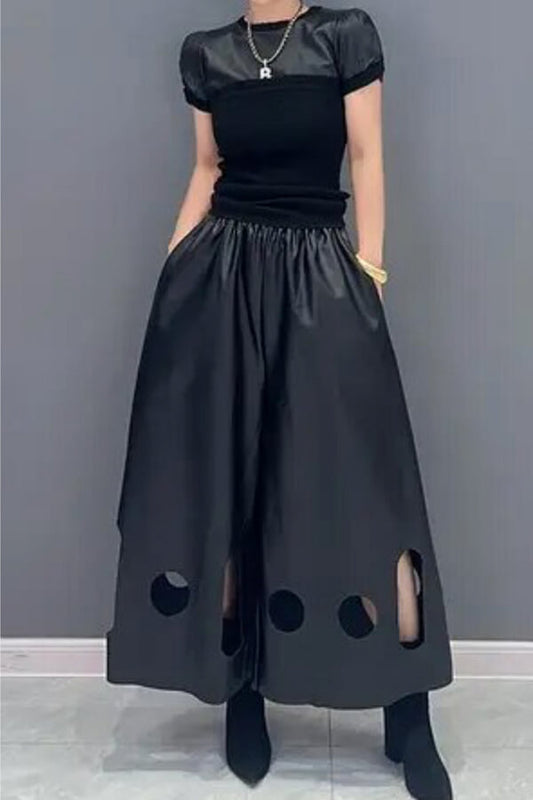 storexq Solid Color PU Modern Cutout Wide Leg Pants