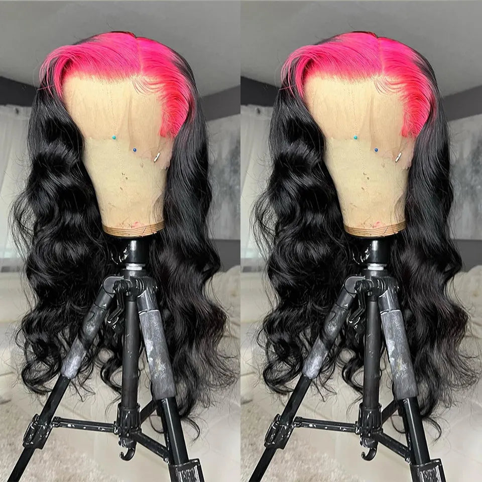 34 Inches Perivian HD Lace Front Wig Red Ombre Black Body Wave Lace Frontal Wig Colored Highlight Wig Synthetic Preplucked