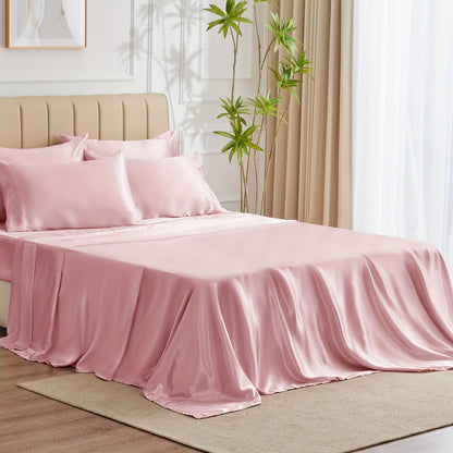 6-Piece Luxurious Satin Sheet Set - Soft, Silky Microfiber, Deep Pocket Fitted Sheet, Flat Sheet, 4 Pillowcases, Smooth, Breathable, Hypoallergenic, and Gentle on Skin