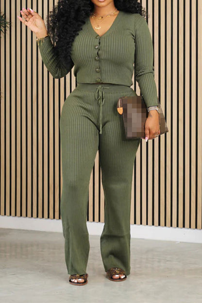 storexq Solid Color Feminine Button Knitted Pant Suit