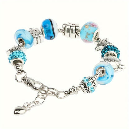 Stunning Ocean Blue Crystal Glass Beads Chain Charm Bracelet - Dazzling Party Jewelry with Adjustable Clasp, Perfect for Christmas, New Year's, Valentine's Day, and Everyday Wear - Ideal Gift for Women, Ladies, and Girls