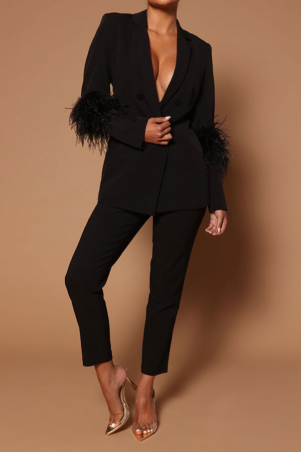 storexq Solid Color Feather Trim Stylish Pant Suit