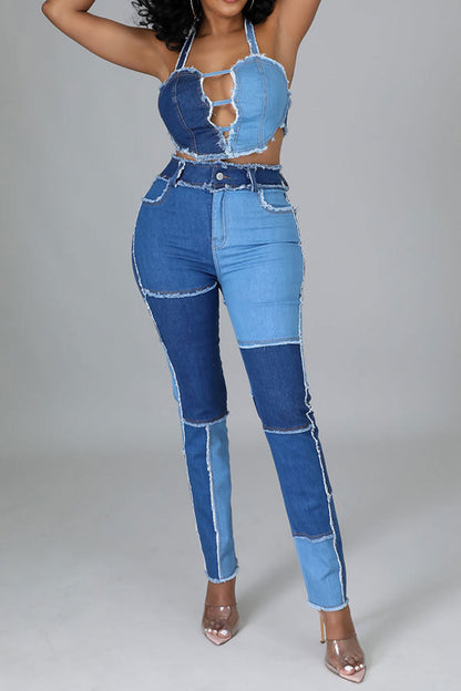 storexq Color Block Burrs Patchwork Unique Cutout Denim Pant Suit