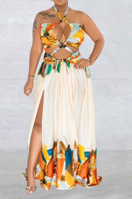 storexq Graffiti Print Tropical Strappy Cutout Open Back Maxi Dress