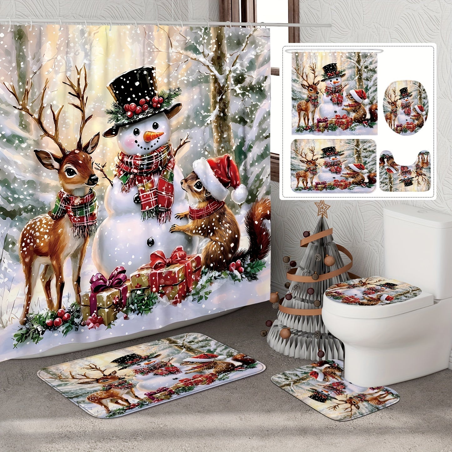 1/4pcs Christmas Winter Wonderland Shower Curtain Set - Waterproof Polyester, Washable, Non-Slip, Animal Print, U-Shaped Toilet Lid Cover, 12 Hooks, No Lining, Polyester Woven - Complete Bathroom Decor for Holiday Season