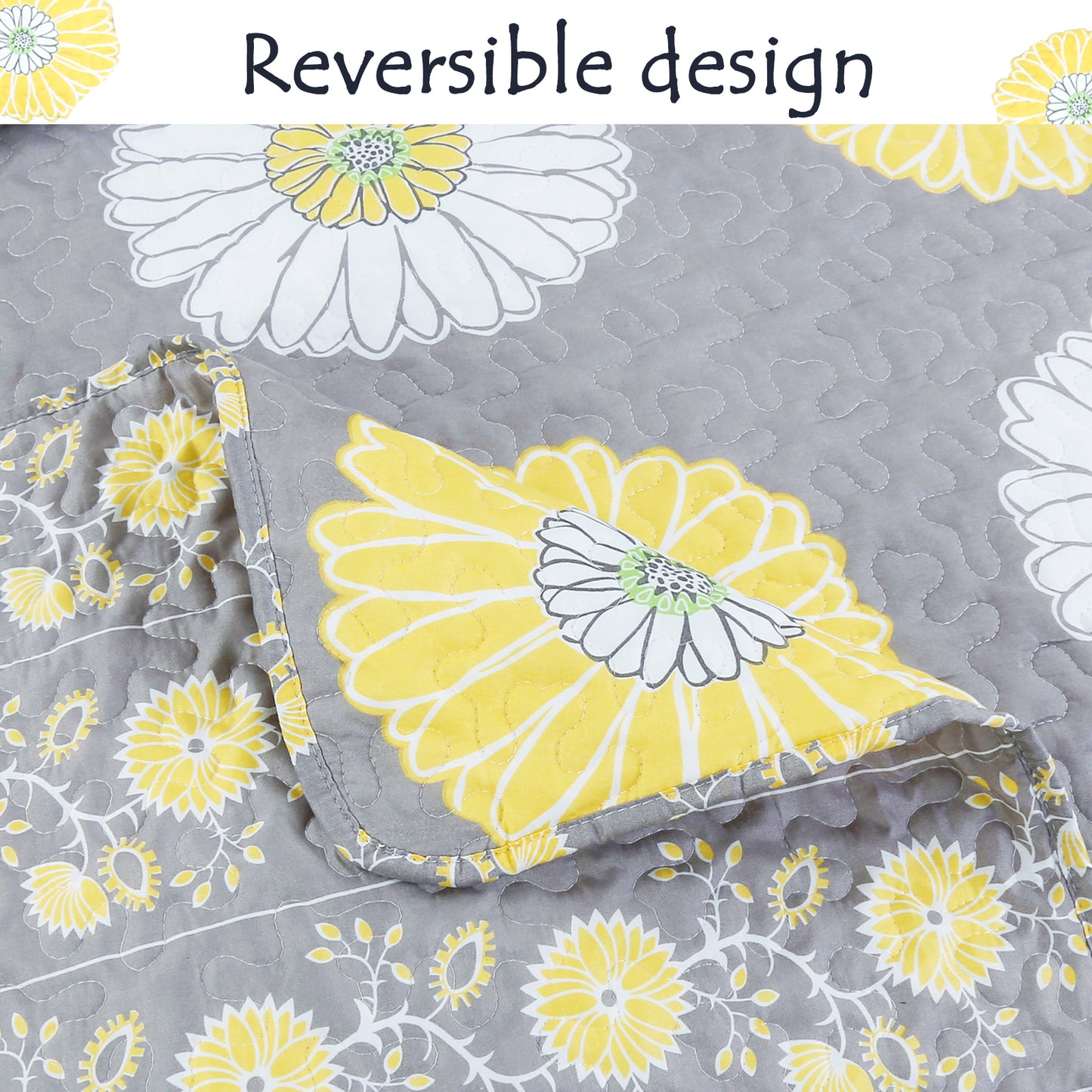 Anya Floral Yellow Grey Reversible Quilt Bedding Set, Lightweight Bedspread Coverlet for All Seasons