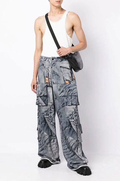 storexq Denim Print Boyish Multi Pocket Pants