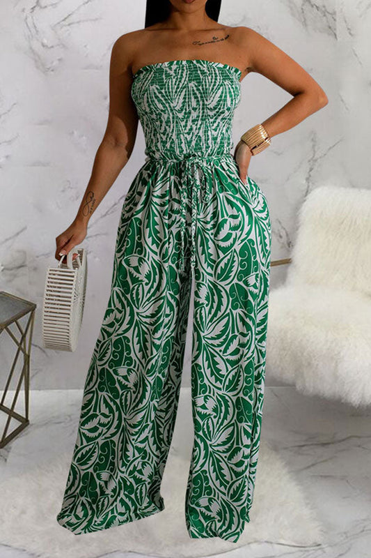 storexq Floral Print Retro Strap Shirred Wide Leg Jumpsuit