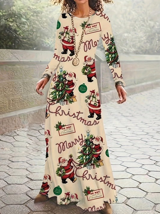 Vintage-Inspired Women's Long Sleeve Swing Dress - Festive Holiday Print, Round Neckline, Polyester and Spandex Knit Fabric, Elegant Autumn/Winter Season Dress