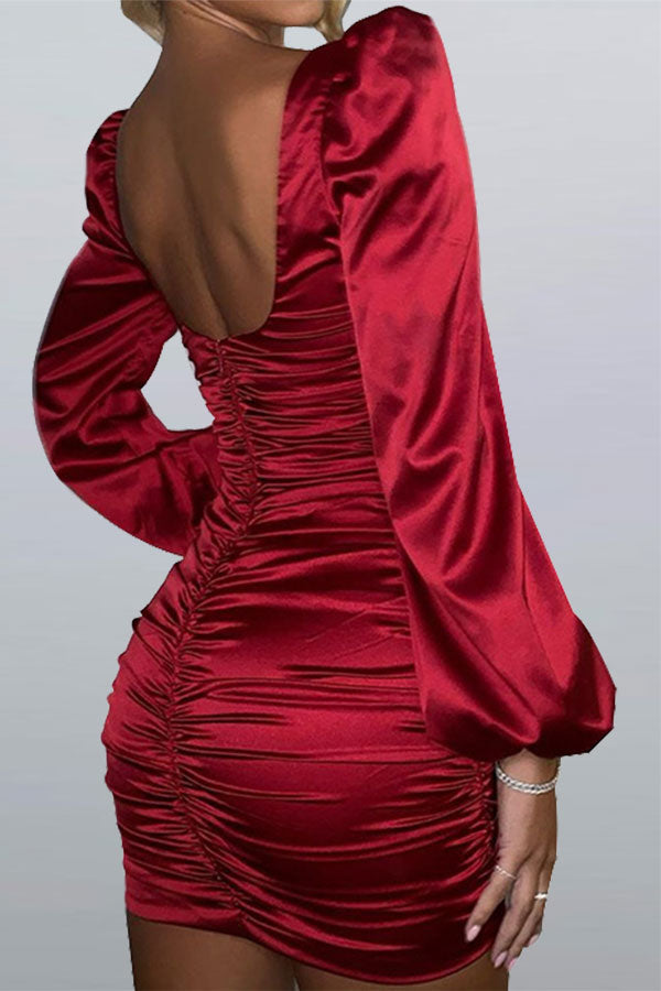 storexq Solid Color Elegant Shirring Mini Dress