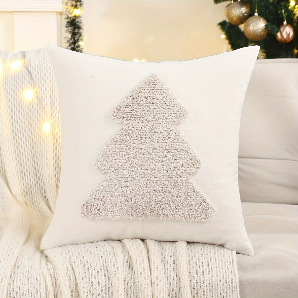 1pc Traditional Style Christmas Tree Embroidered Throw Pillow Cover, Geometric Pattern, Cotton Blend, Zip Closure, Hand Wash Only, for Living Room Decor - Festive Holiday Cushion Case