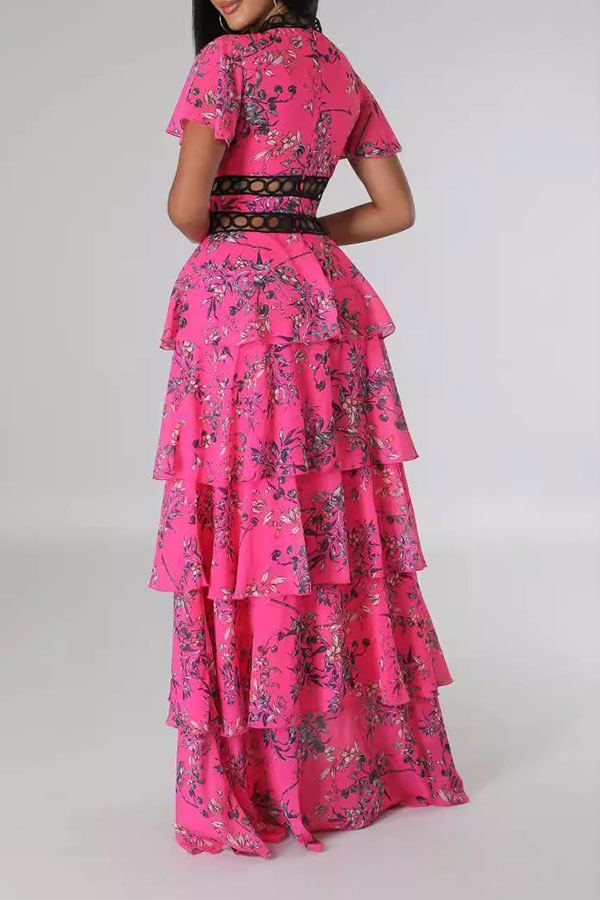 storexq Floral Print Tropical Circle Trim Tiered Ruffles Maxi Dress