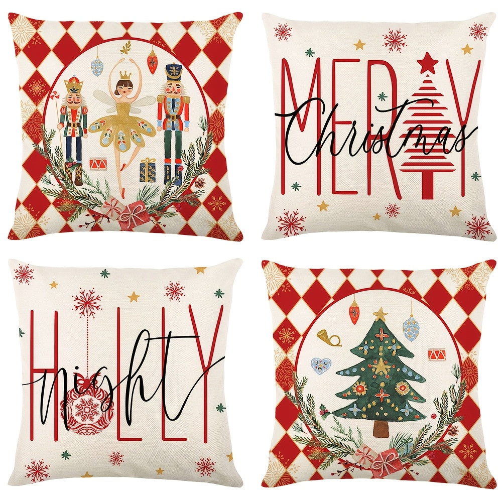 4 Pcs/set Christams Throw Pillow Cover With Four Design: Plaid Trees, Bows, And Messages Like Merry & Bright, Let It Snow; Red Black & White Tones Creates Cozy Holiday Feel, Home Decor, 17.7*17.7inch