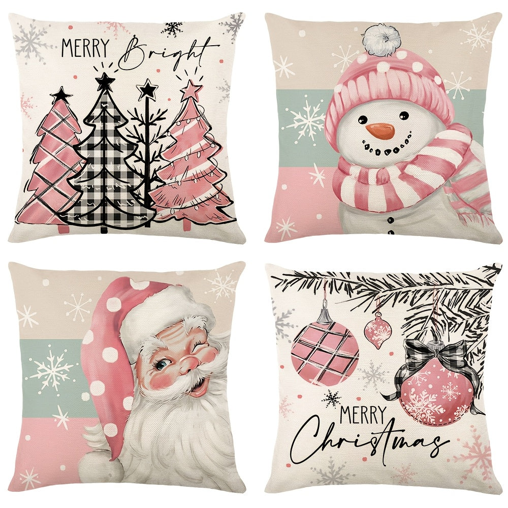 4 Pcs/set Christams Throw Pillow Cover With Four Design: Plaid Trees, Bows, And Messages Like Merry & Bright, Let It Snow; Red Black & White Tones Creates Cozy Holiday Feel, Home Decor, 17.7*17.7inch