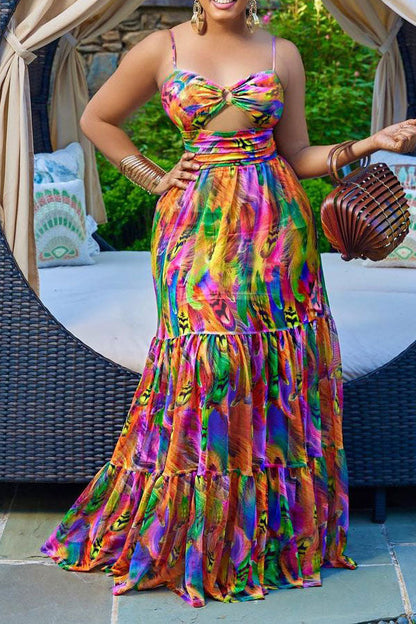 storexq Tie Dye Bohemia Ruffle Maxi Dress