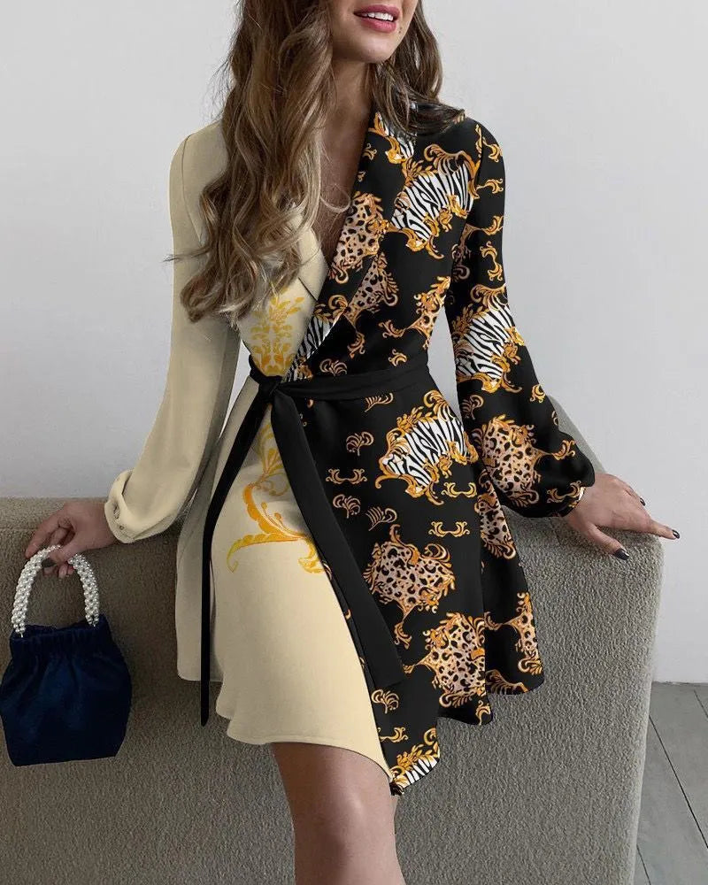 designer dresses Women Casual Dresses Spring and autumn floral print lapel V-neck long sleeve belted dress Clothing fashion elegance Clothes baa ea0