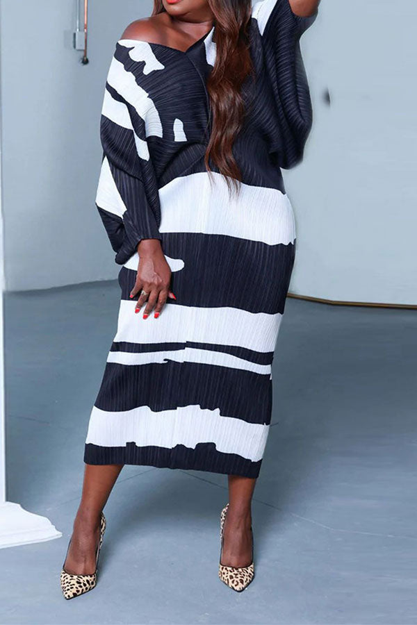 storexq Abstract Print Modern Batwing Sleeve Midi Dress