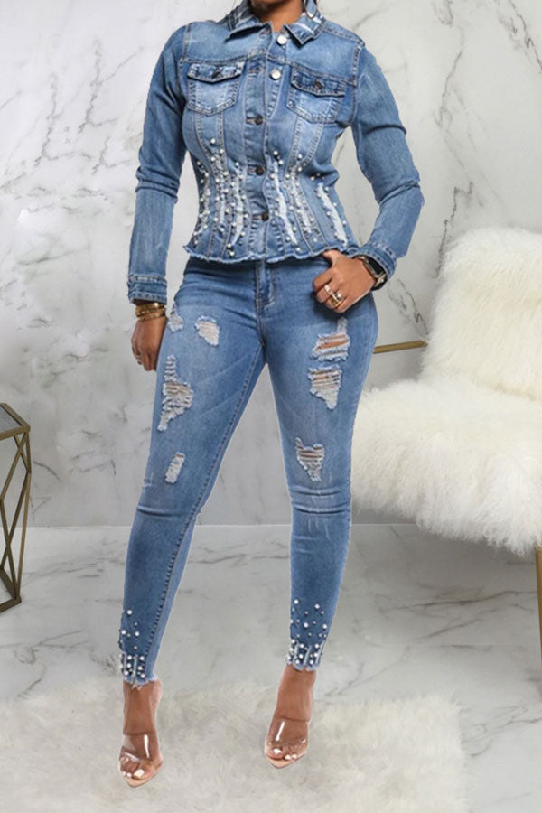 storexq Beaded Decor Girly Burrs Denim Coat