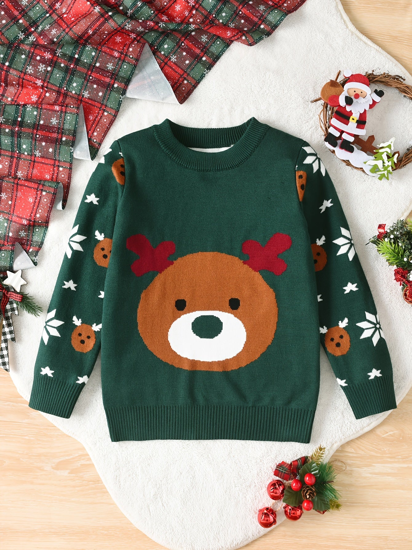 Boys' Festive Christmas Reindeer & Bear Sweater - Cozy Knit Pullover for Spring, Fall & Winter