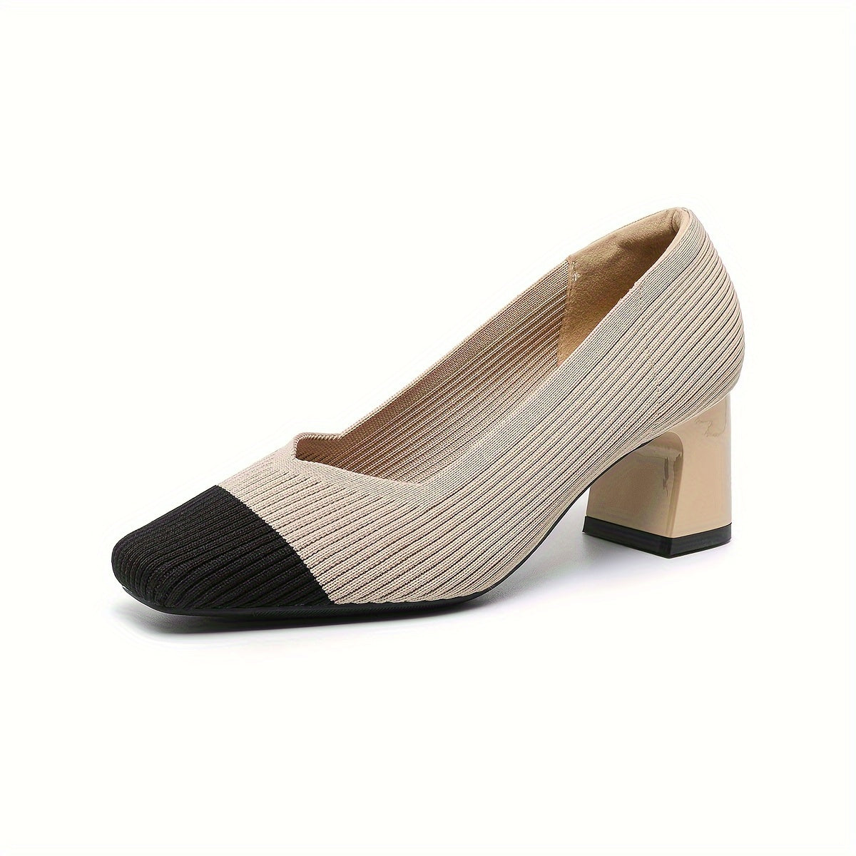 Chic Square-Toe Knitted Pumps - Comfortable Chunky Heel - Versatile Solid Colors - Perfect for Office Wear