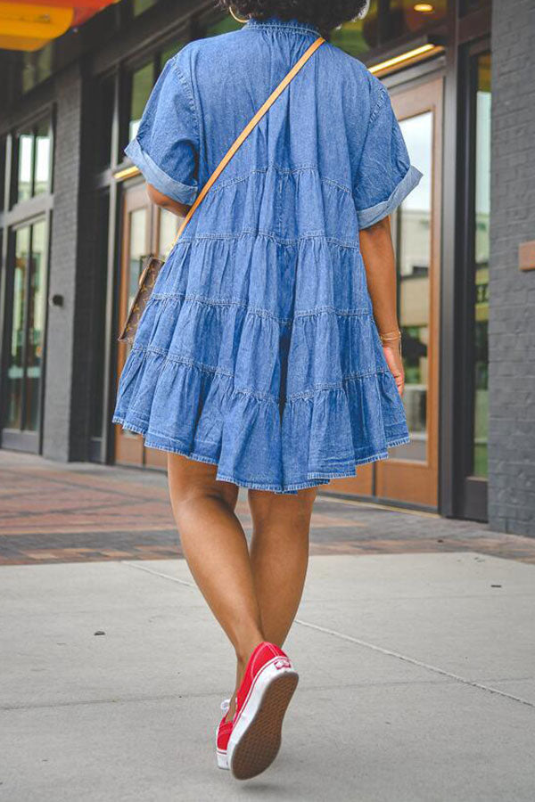 storexq Blue Lapel Classic Button Down Denim Mini Dress