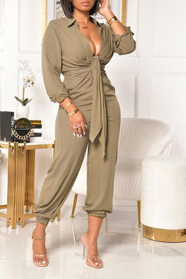 storexq Solid Color Classic Front Wrap Jumpsuit