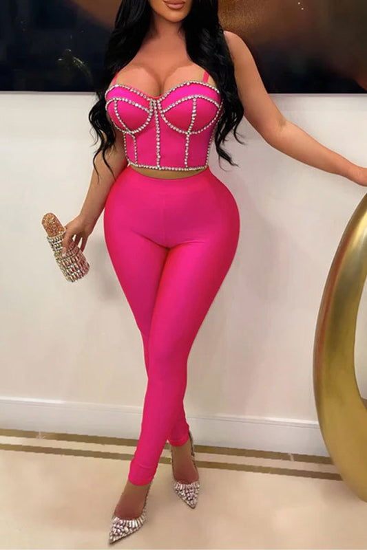 storexq Rhinestone Patchwork Party Bodycon Pant Suit