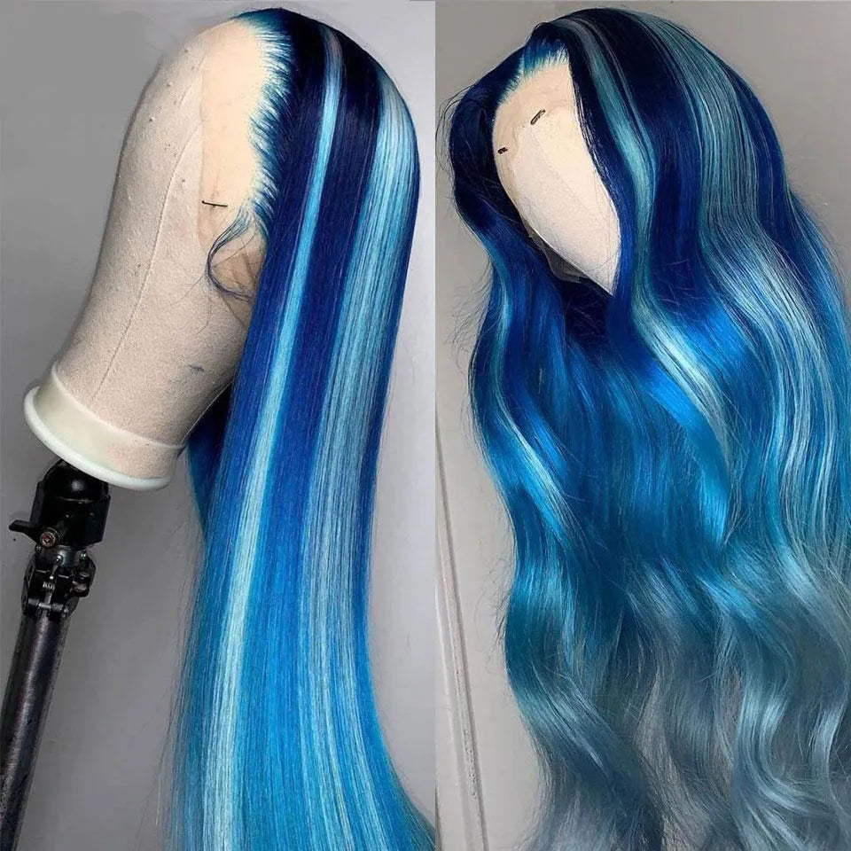 Straight Highlight Blue Lace Frontal Wigs Human Hair Wig For Women Brazilian Glueless Full Lace Front Wig Synthetic Heat Resistant