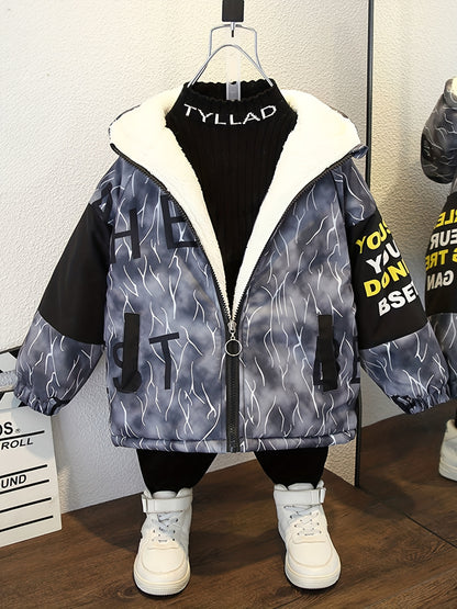 Boys Winter Thickened Coat Ink Splashes And Letters Print Hooded Jacket Boys Windproof Thick Warm Coat Jacket