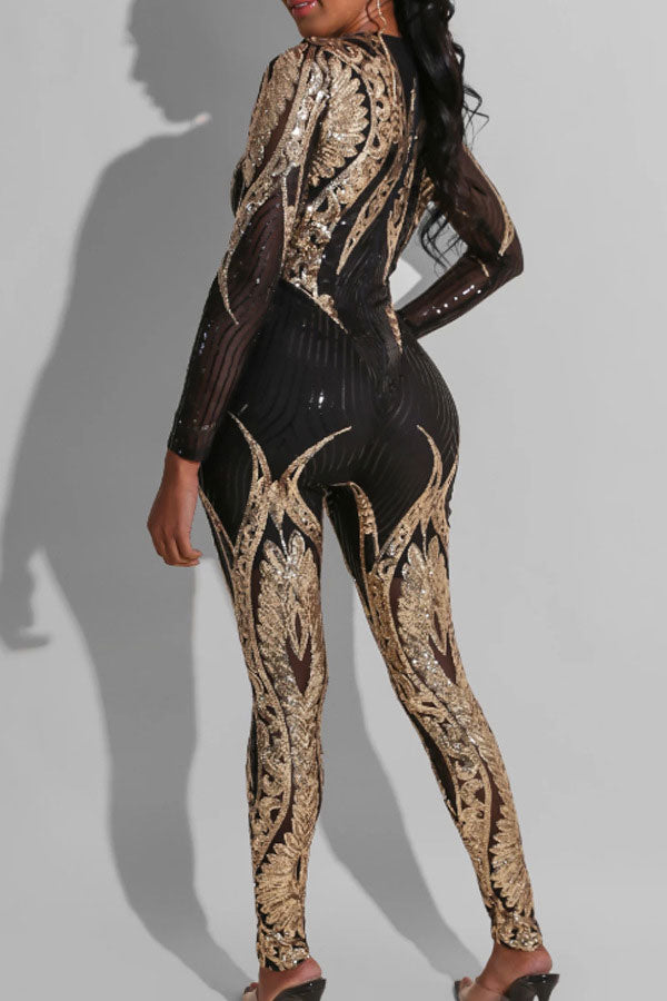 storexq Sequined Round Neck Retro See-Through Jumpsuit