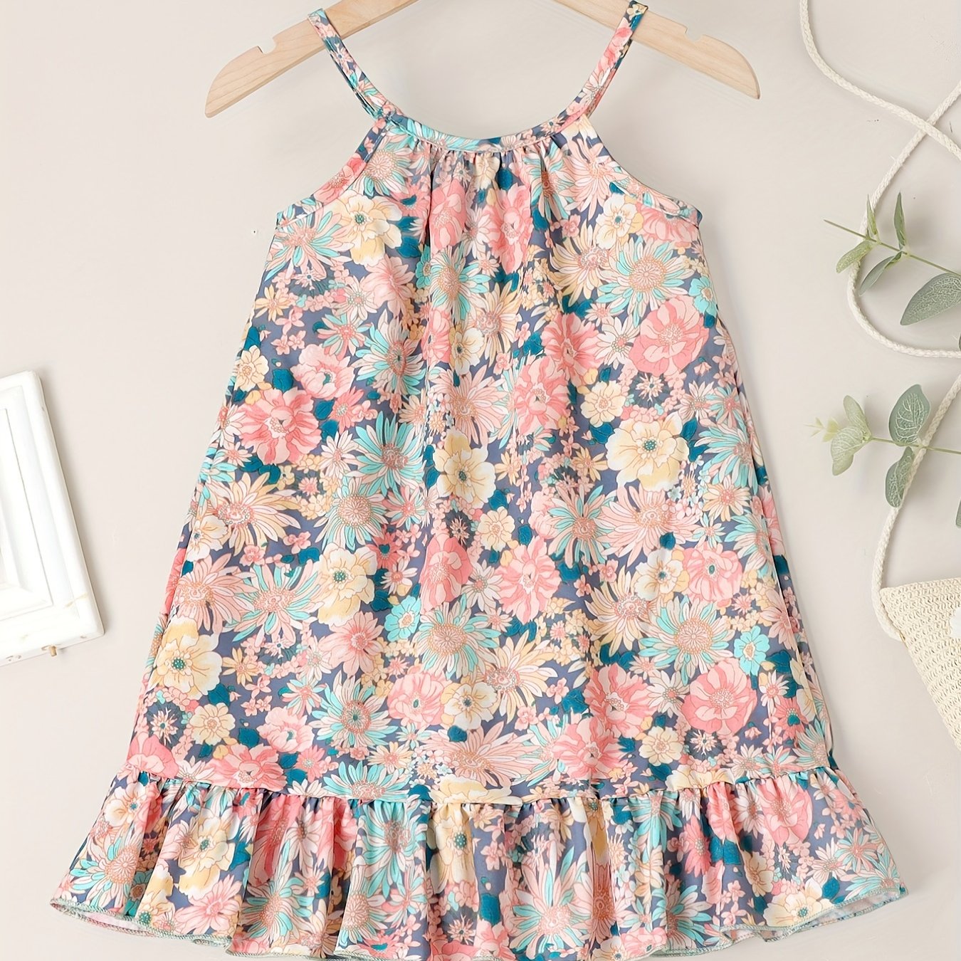 Girls Ruffle Hem Flower Graphic Cami Dress For Party Beach Vacation Kids Summer Clothes