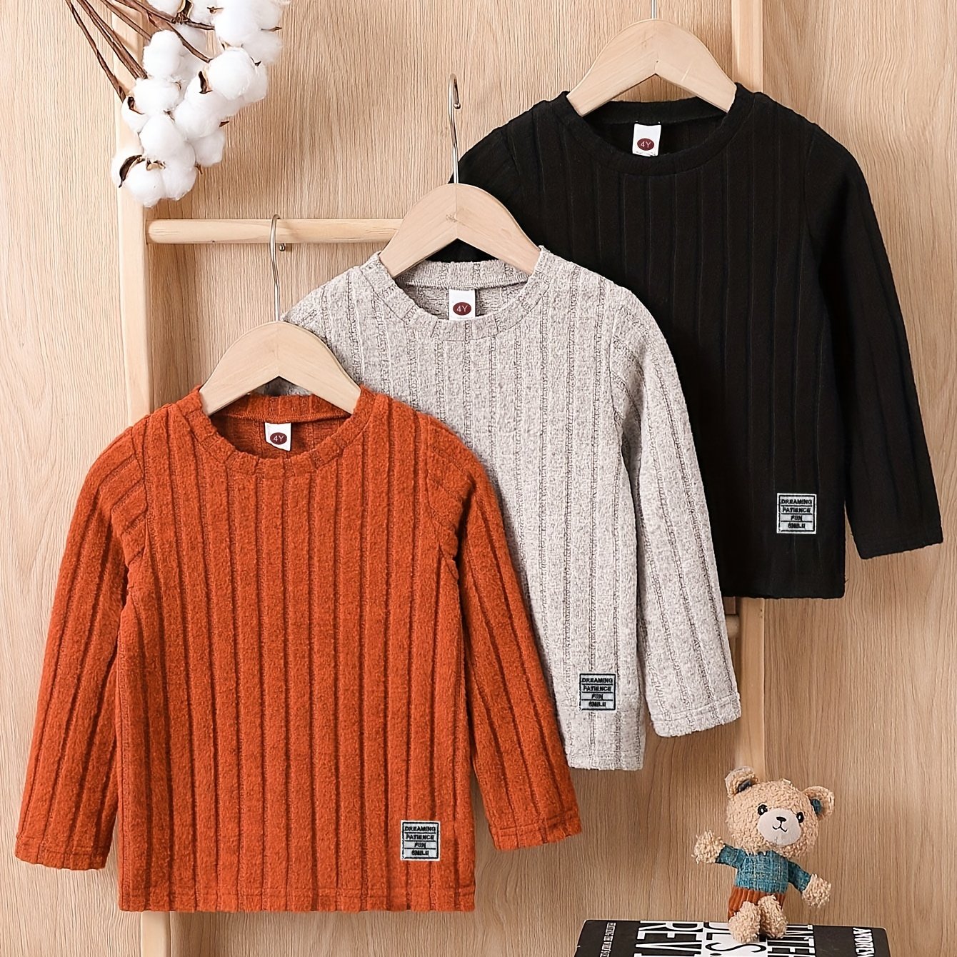 3pcs Cozy Ribbed Pullover Set - Soft Label Patched Long Sleeve Tops for Boys, Versatile Clothing for Spring, Fall, and Winter Seasons