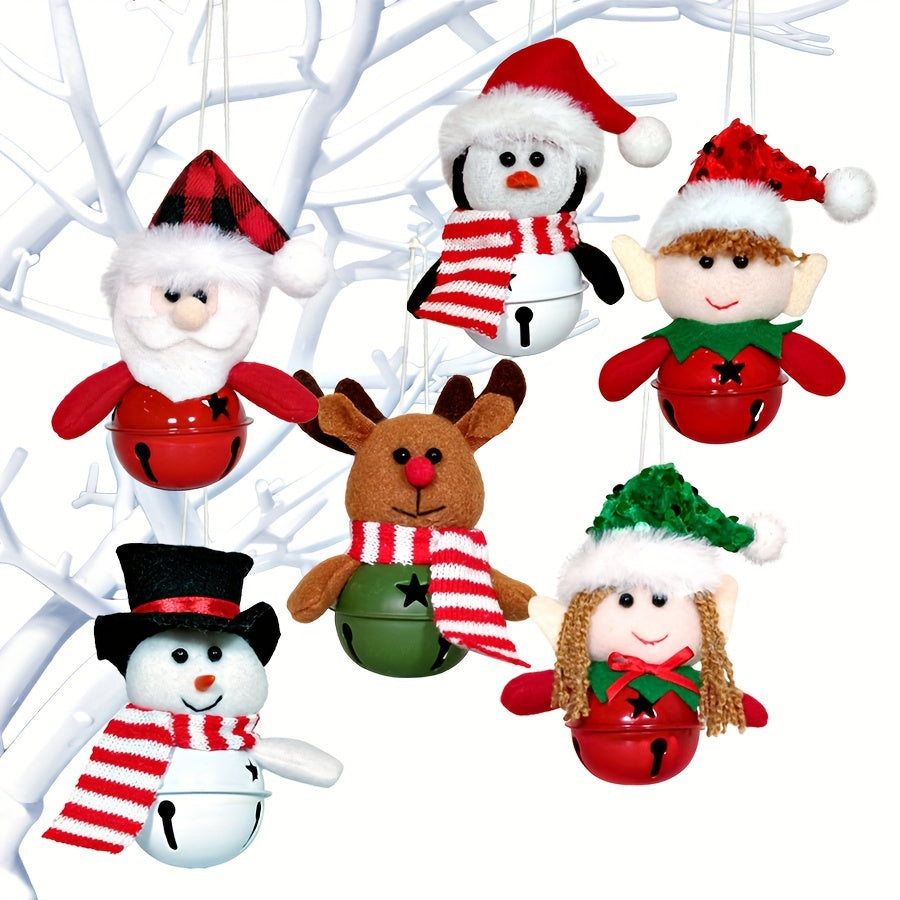 6-Pack Festive Christmas Tree Ornaments, Fabric Fabric Snowman, Reindeer, Santa Claus, Elf, Jingle Bells, Contemporary Style, No Power Needed, Home Decor Accessories