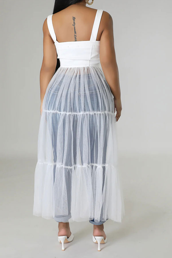 namcoverse Mesh Patchwork Stylish Tiered Ruffle Midi Dress