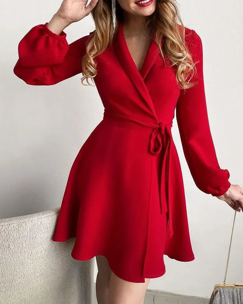 designer dresses Women Casual Dresses Spring and autumn floral print lapel V-neck long sleeve belted dress Clothing fashion elegance Clothes baa ea0