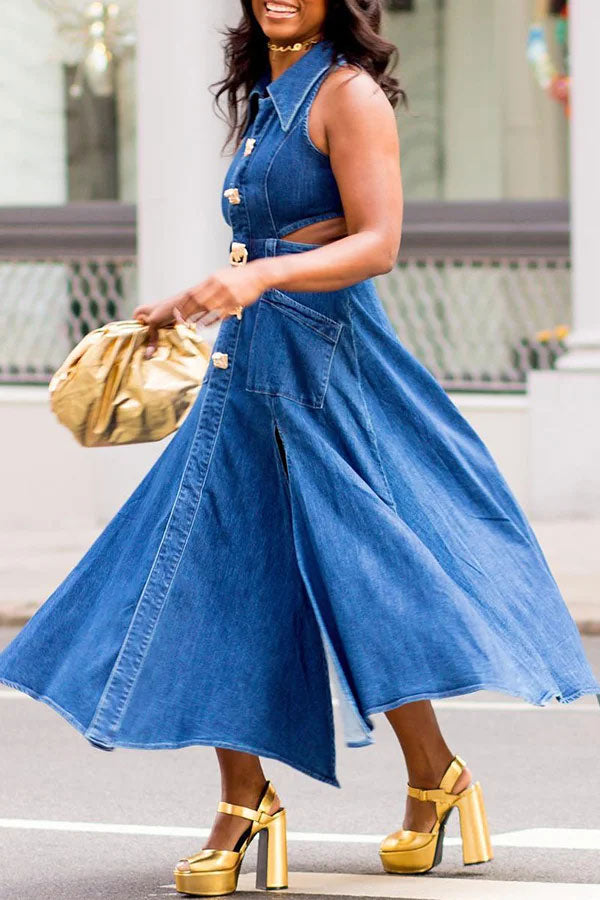 namcoverse Solid Color Urban Cutout High Split Denim Midi Dress