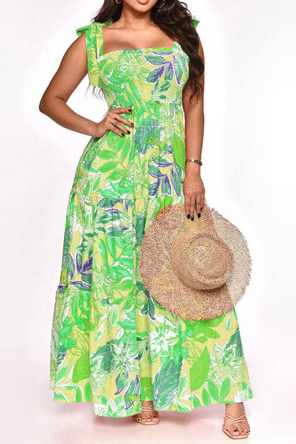 namcoverse Leaf Print Strap Shirred Undeniable Tiered Ruffle Maxi Dress