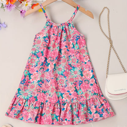 Girls Ruffle Hem Flower Graphic Cami Dress For Party Beach Vacation Kids Summer Clothes