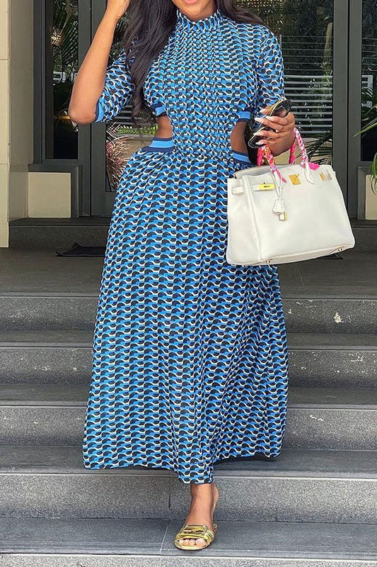 namcoverse Geometric Print Unusual Cutout Waist Midi Dress