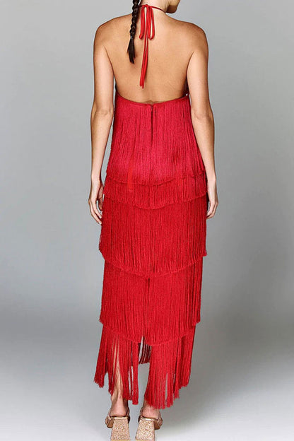 namcoverse Solid Color Halter Collar Romantic Tassel Tiered Midi Dress