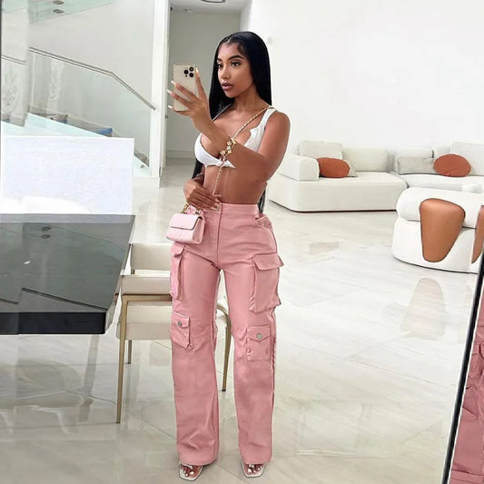 Women's Pants Capris Pink PU Faux Leather Cargo Pants Women Y2k Hip Hop High Waist Pockets Baggy Straight Trousers Fashion Street Party Wide-leg Pant 230809