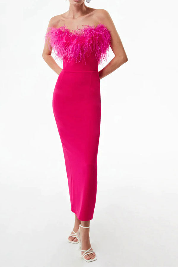 storexq Solid Color Pretty Feather Trim Bandeau Midi Dress